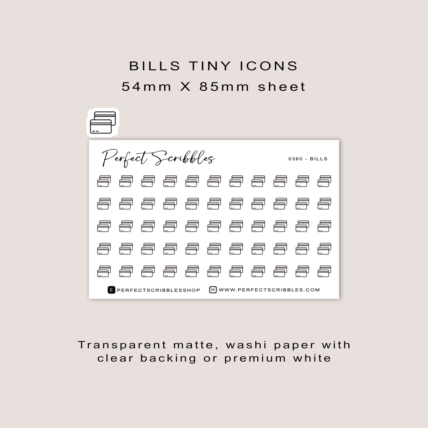 BILLS Tiny Icon Planner Stickers | Minimal | Credit card size sheet