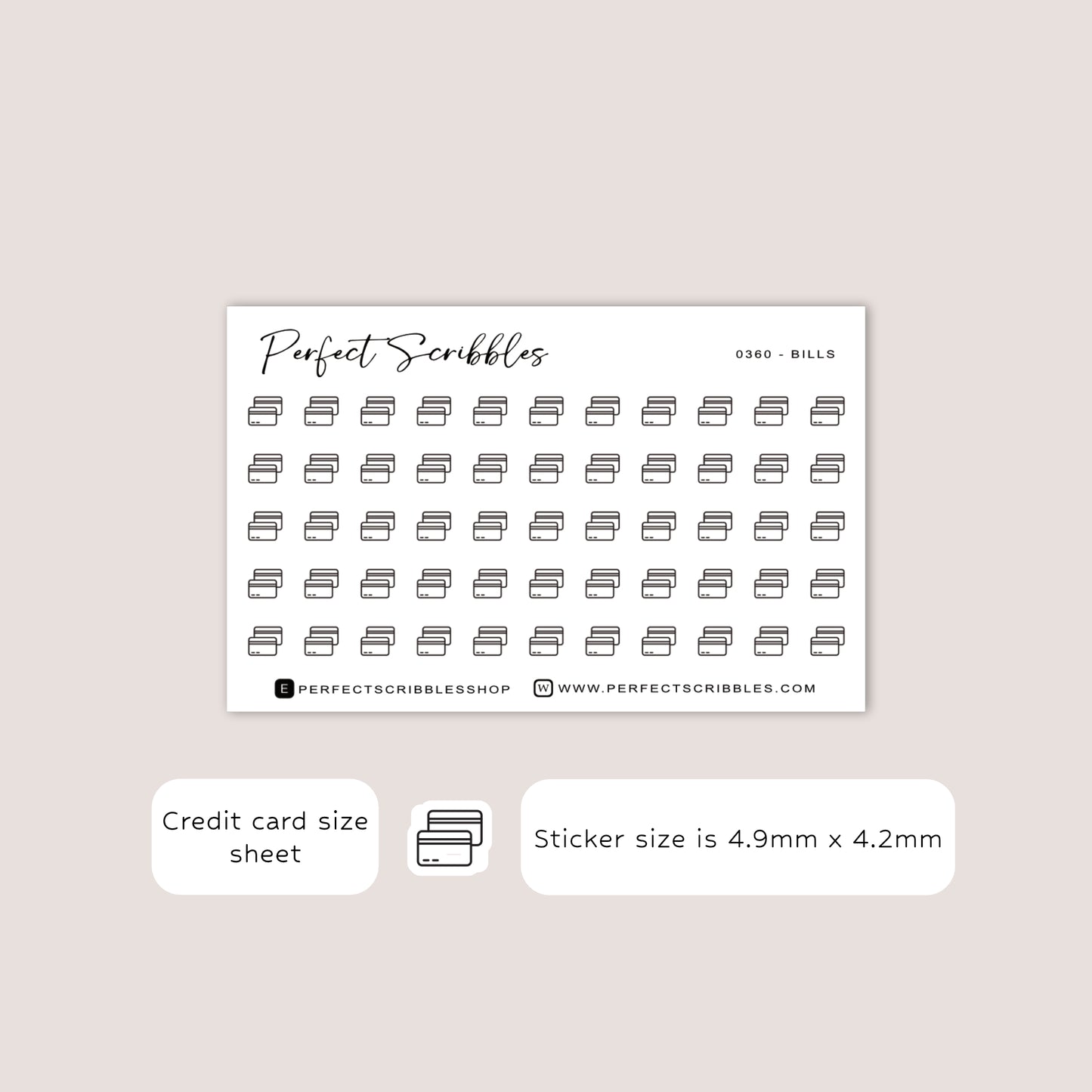 BILLS Tiny Icon Planner Stickers | Minimal | Credit card size sheet