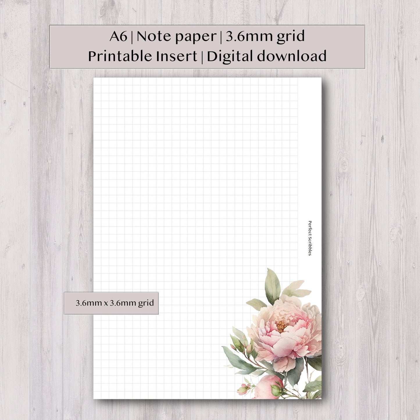 A6 | Grid note paper | 6 pages | Digital printable | Floral Minimal grid layout | Ring planner insert