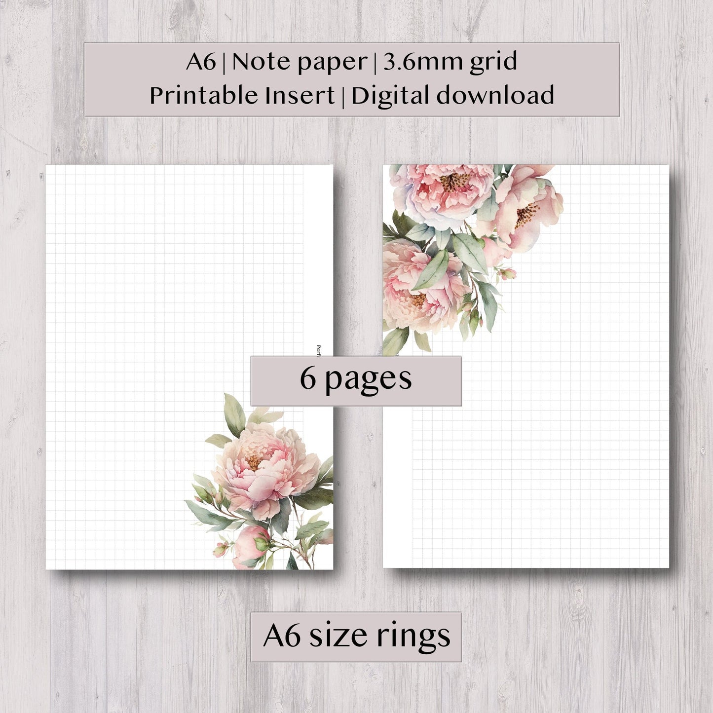 A6 | Grid note paper | 6 pages | Digital printable | Floral Minimal grid layout | Ring planner insert