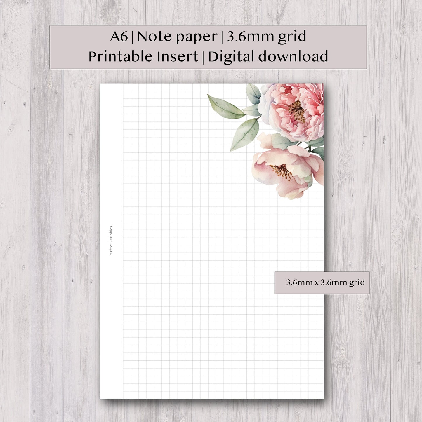 A6 | Grid note paper | 6 pages | Digital printable | Floral Minimal grid layout | Ring planner insert
