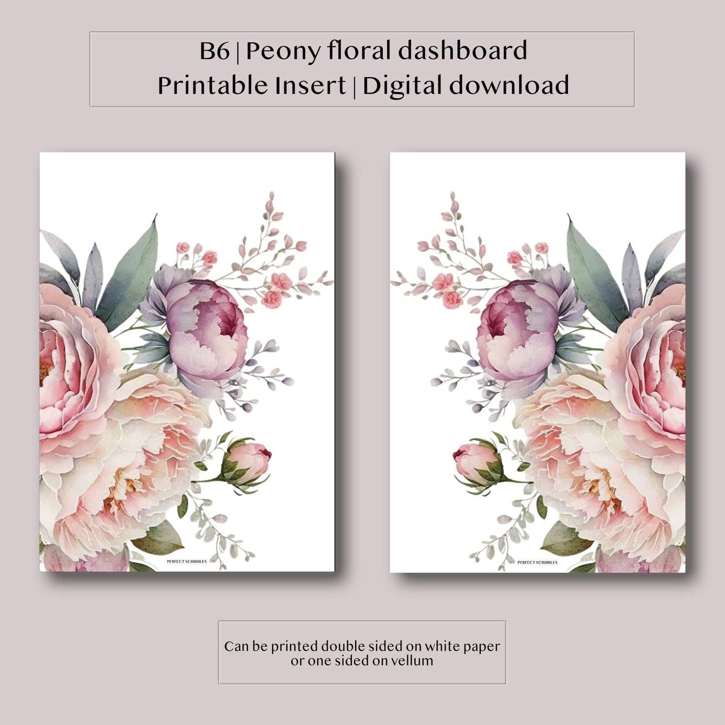 B6 | Dashboard | 2 pages | watercolour peonies | Digital printable | Tip in for Stalogy, Common planner | Planner insert rings