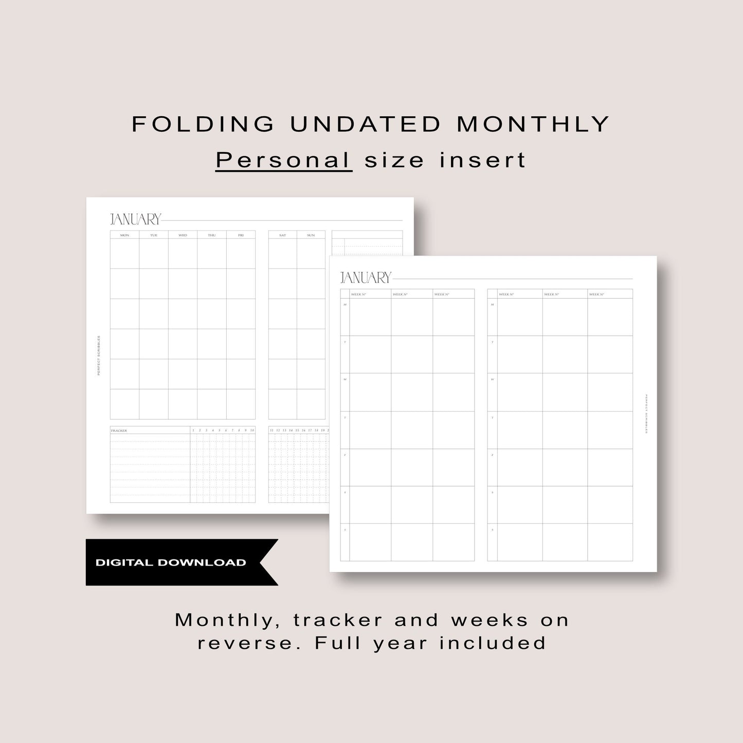 PERSONAL | Full year of Monthly foldout inserts with tracker and weeks on reverse | Ring planner insert | Tracker insert | Digital download