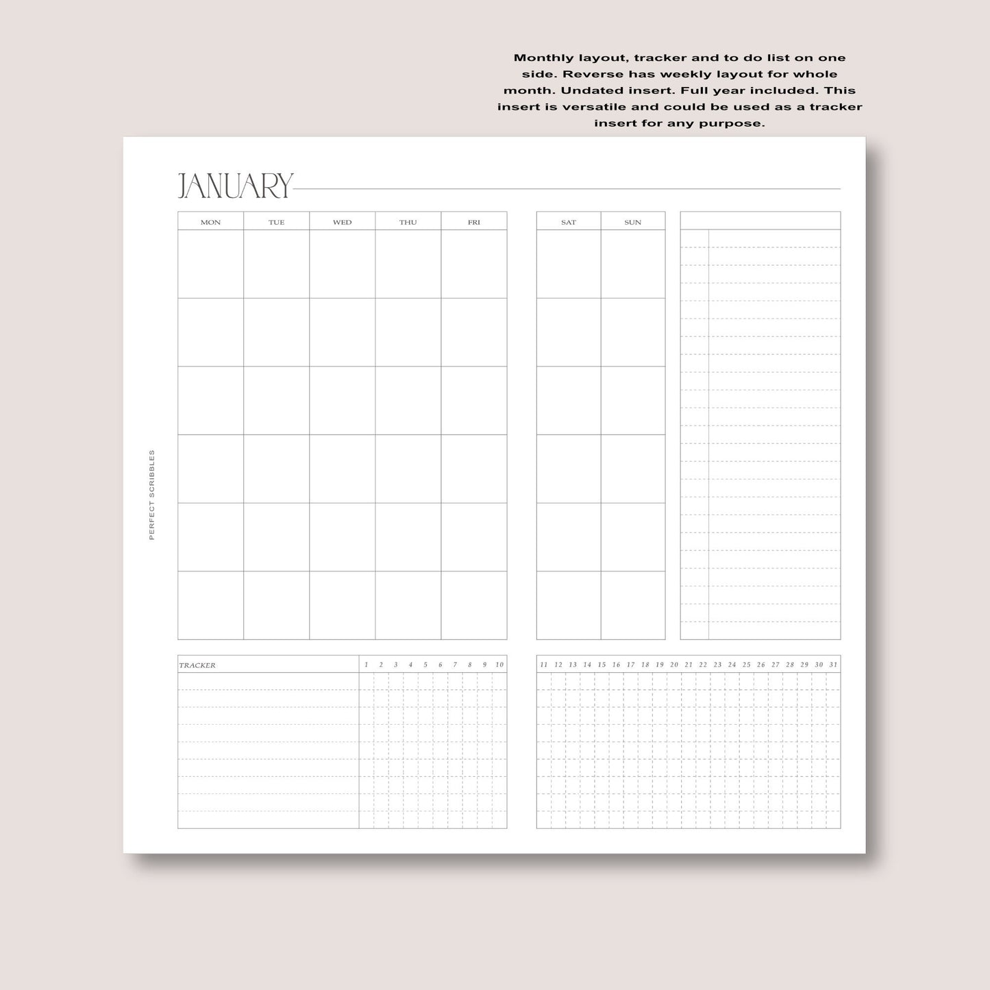 PERSONAL | Full year of Monthly foldout inserts with tracker and weeks on reverse | Ring planner insert | Tracker insert | Digital download