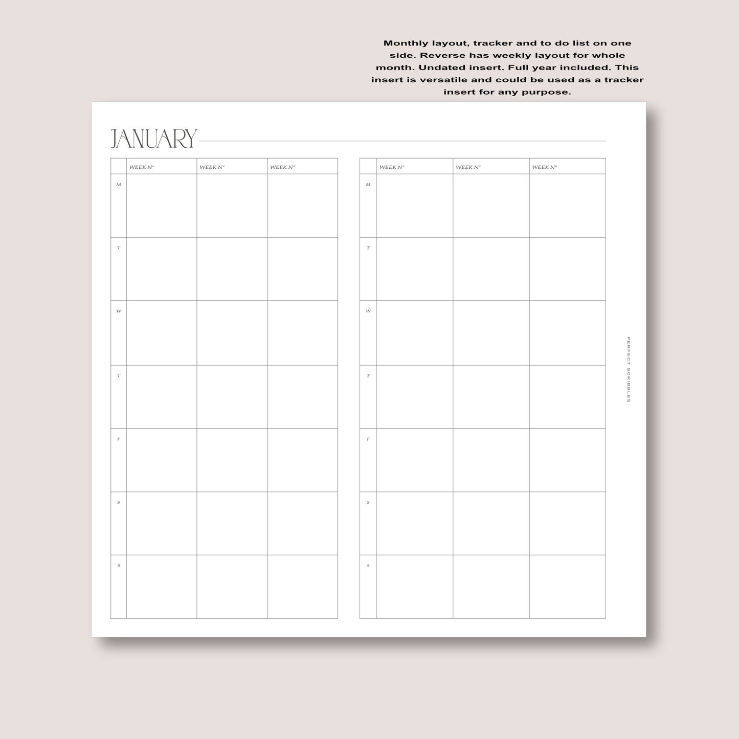 PERSONAL | Full year of Monthly foldout inserts with tracker and weeks on reverse | Ring planner insert | Tracker insert | Digital download