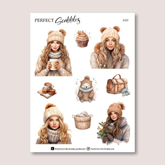 Winter girls | Transparent matte stickers | Brown shades | Hobonichi Stalogy Common planner| UK based seller