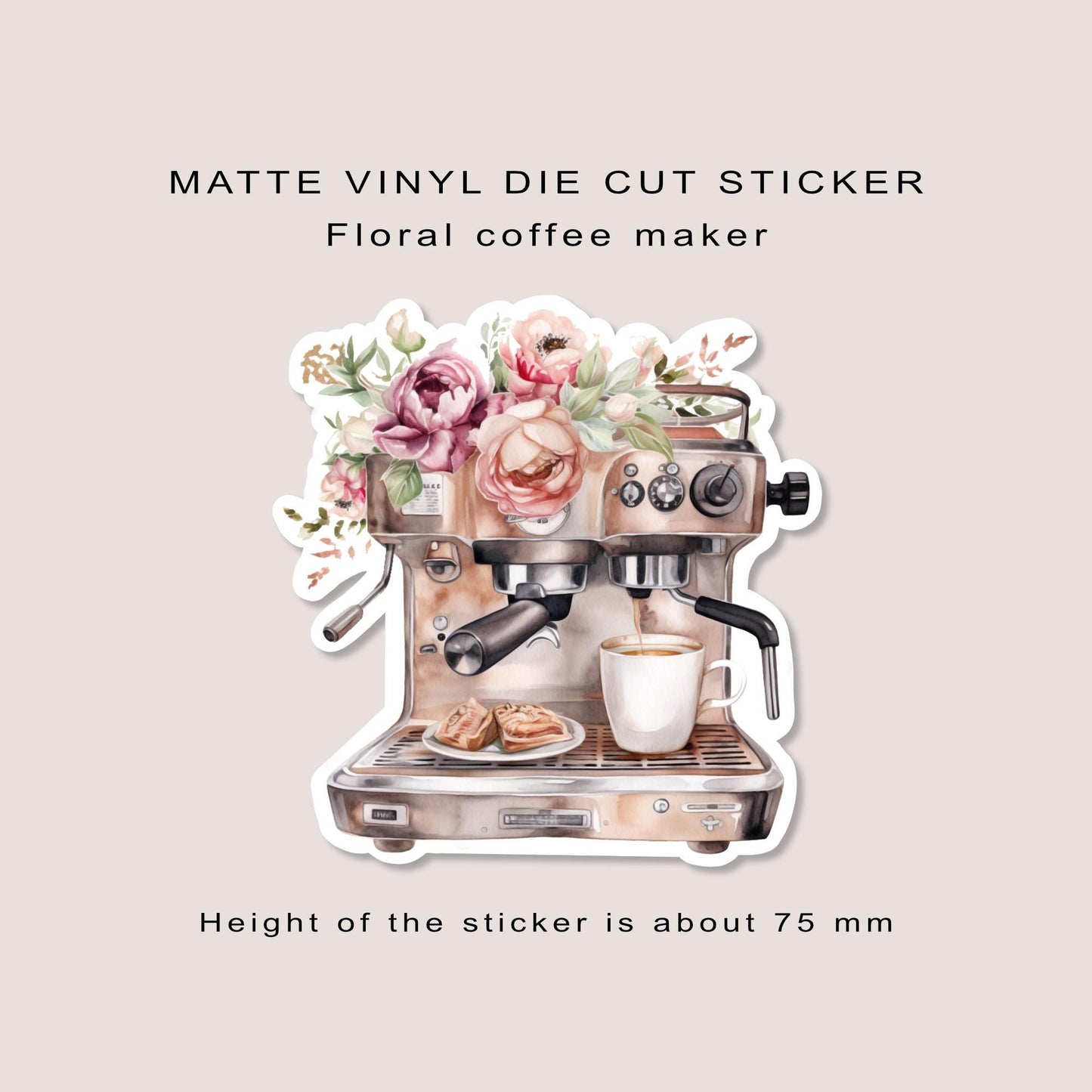 Matte vinyl die cut sticker | Floral coffee maker