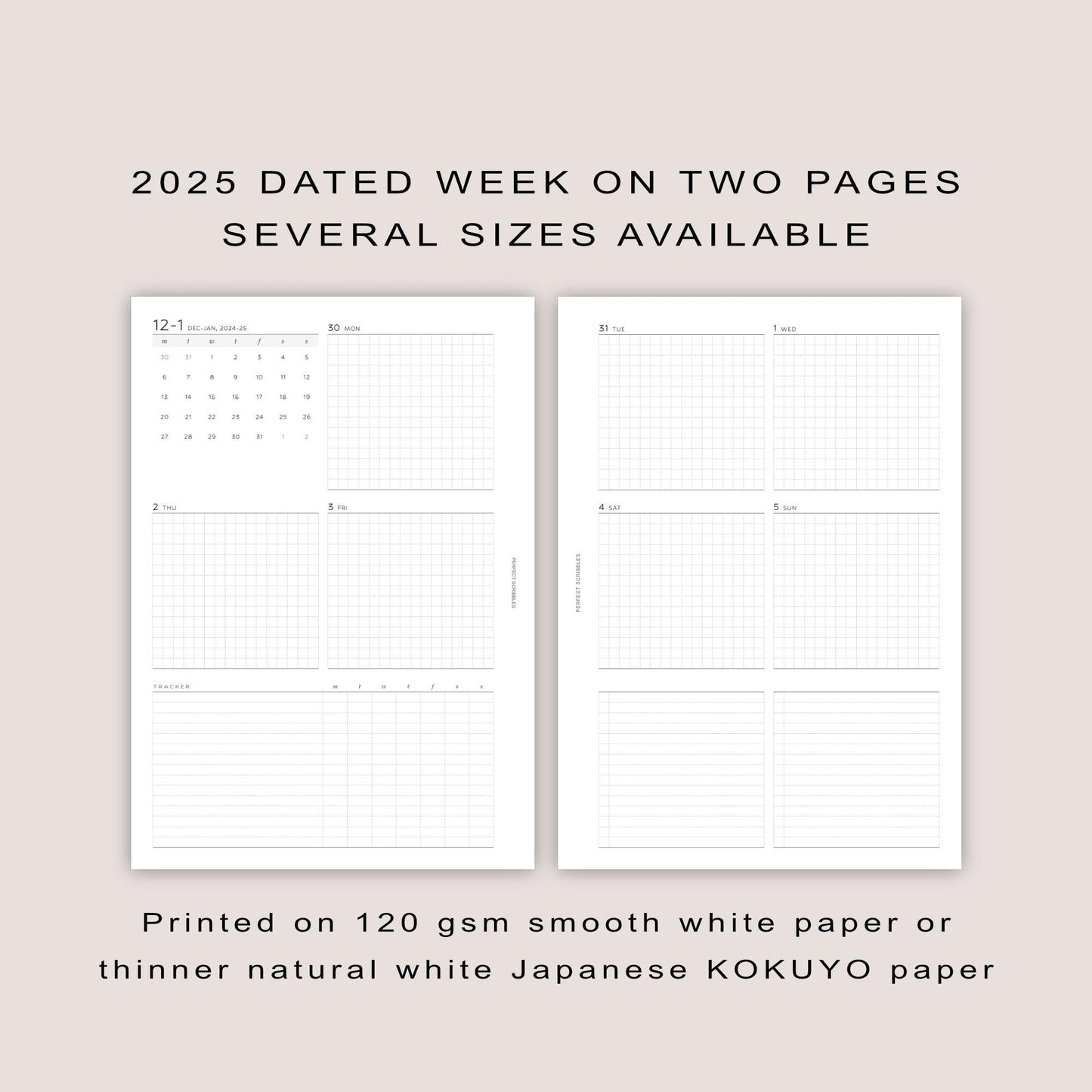2025 Weekly DATED inserts | PRINTED | Minimal design | A5, Personal, Personal wide, FCC, A6, Pocket Plus, Pocket | Paper option