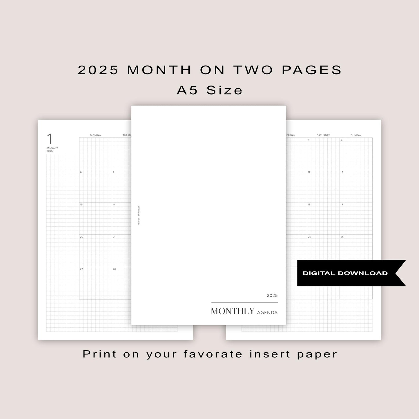A5 2025 Monthly DATED inserts | Digital printable | Tip in for Stalogy, Common planner, Papertess | Ring planner insert