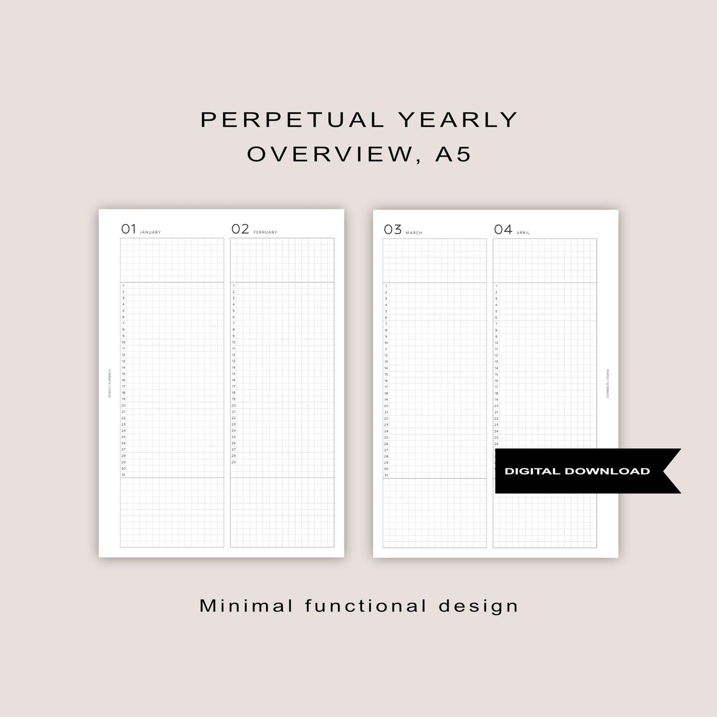 A5 Perpetual Yearly | Digital printable | Tip in for Stalogy, Common planner, Papertess | Ring planner insert