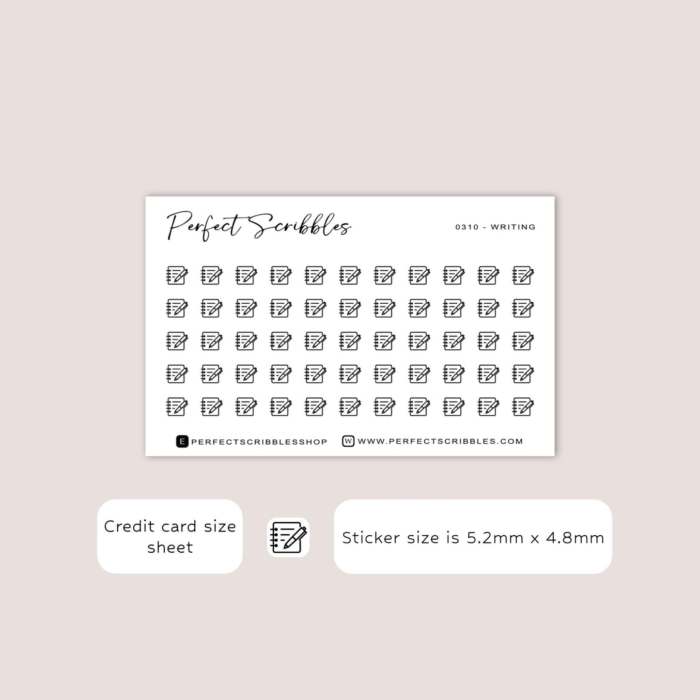 WRITING tiny icon planner stickers | Minimal | Credit card size sheet