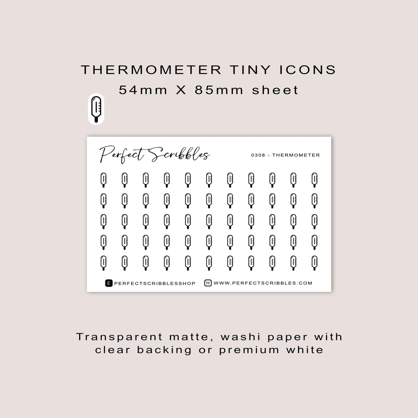 THERMOMETER tiny icon stickers | Minimal | Credit card size sheet | Transparent matte | Washi