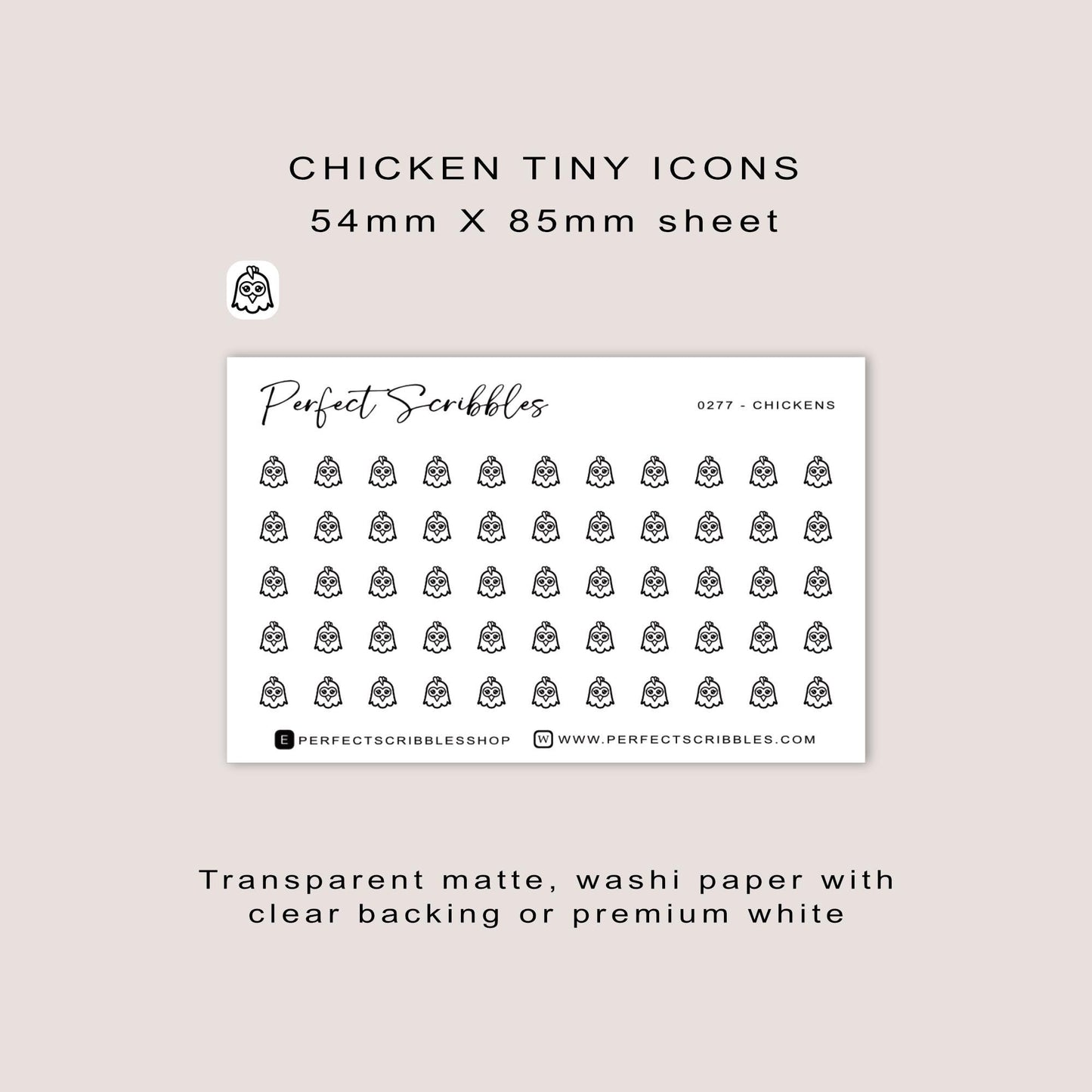 CHICKEN tiny icon stickers | Minimal | Credit card size sheet | Transparent matte | Washi