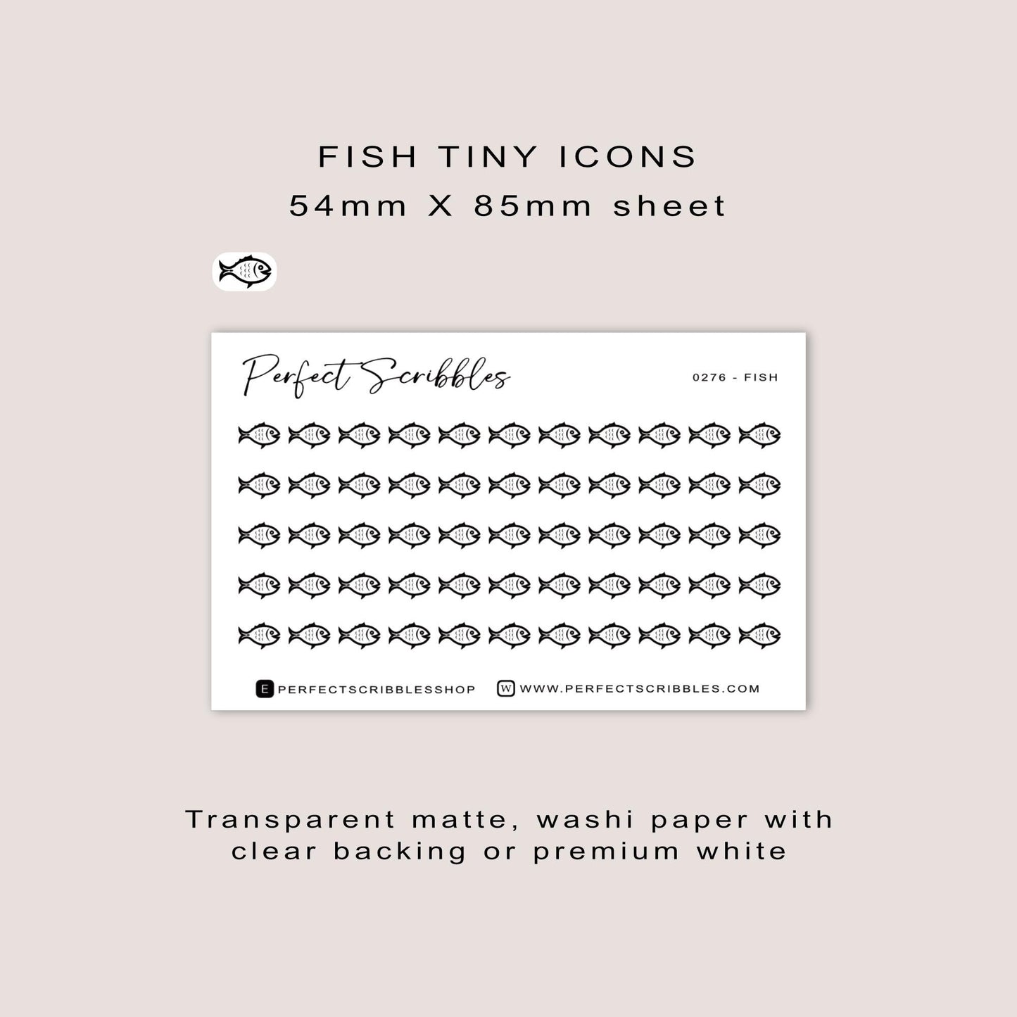 FISH tiny icon stickers | Minimal | Credit card size sheet | Transparent matte | Washi