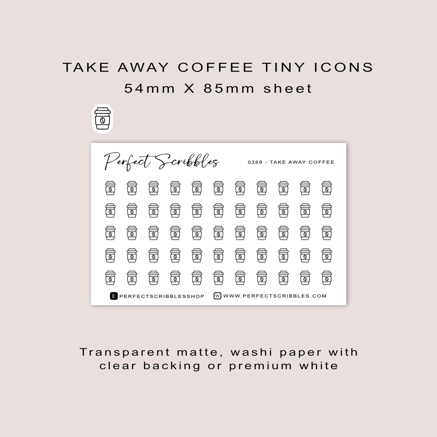 TAKE AWAY COFFEE tiny icon stickers | Minimal | Credit card size sheet | Transparent matte | Washi