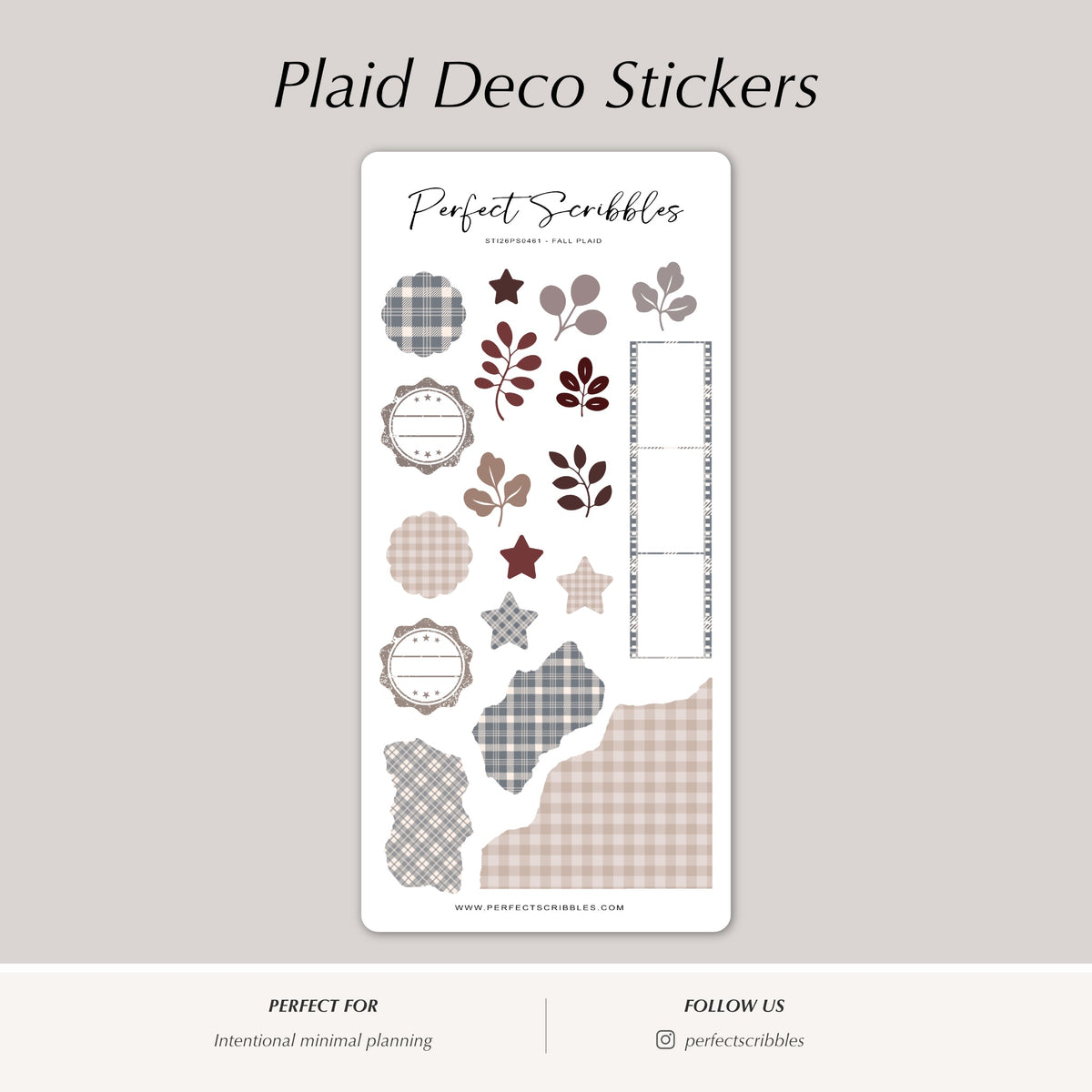 Fall plaid decorative planner sticker sheet with autumn leaves, gingham, stars and labels