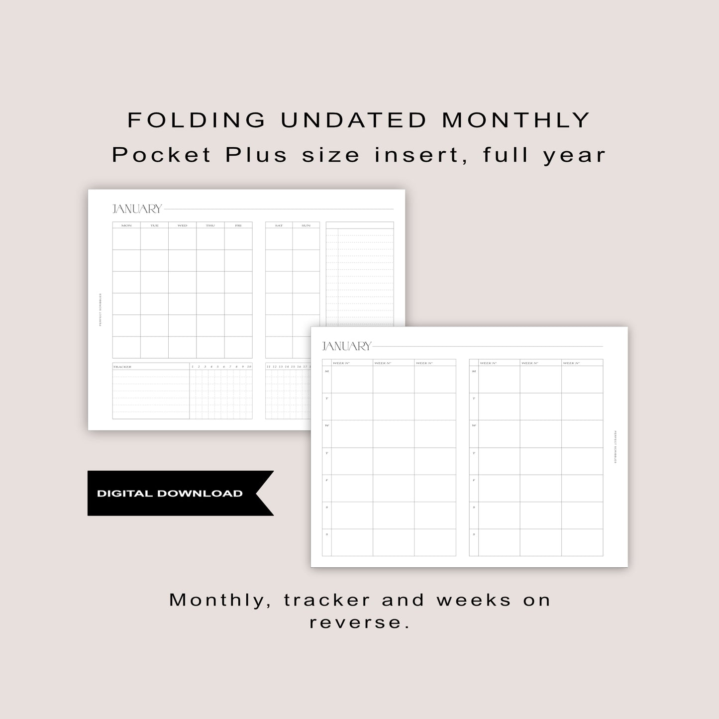 POCKET PLUS | Full year of Monthly foldout inserts with tracker and weeks on reverse | Ring planner insert | Digital download