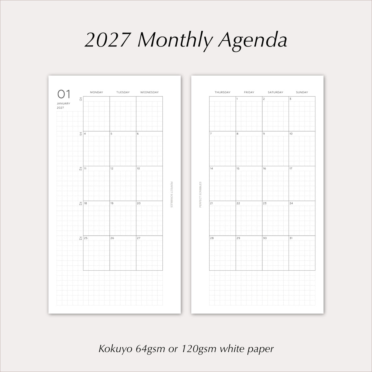 2027 Monthly Agenda Planner Inserts | Minimal | Dated Ring Planner Refill
