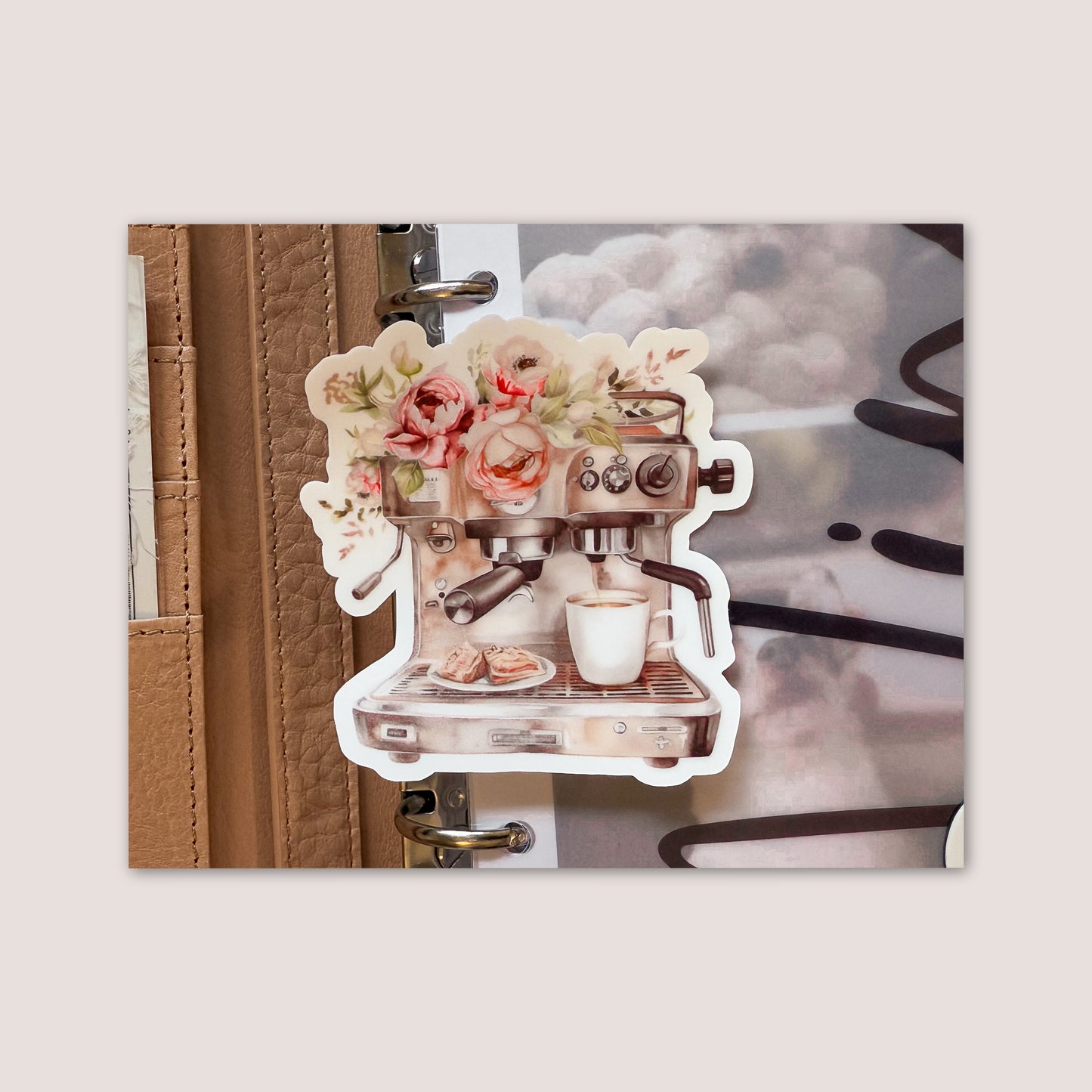 Matte vinyl die cut sticker | Floral coffee machine