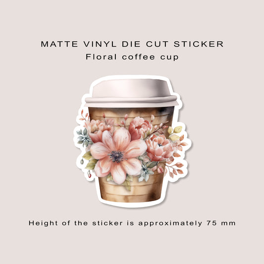 Matte vinyl die cut sticker | Floral coffee cup