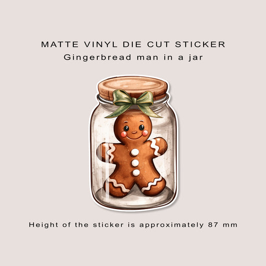 Matte vinyl die cut sticker | Gingerbread man in a jar