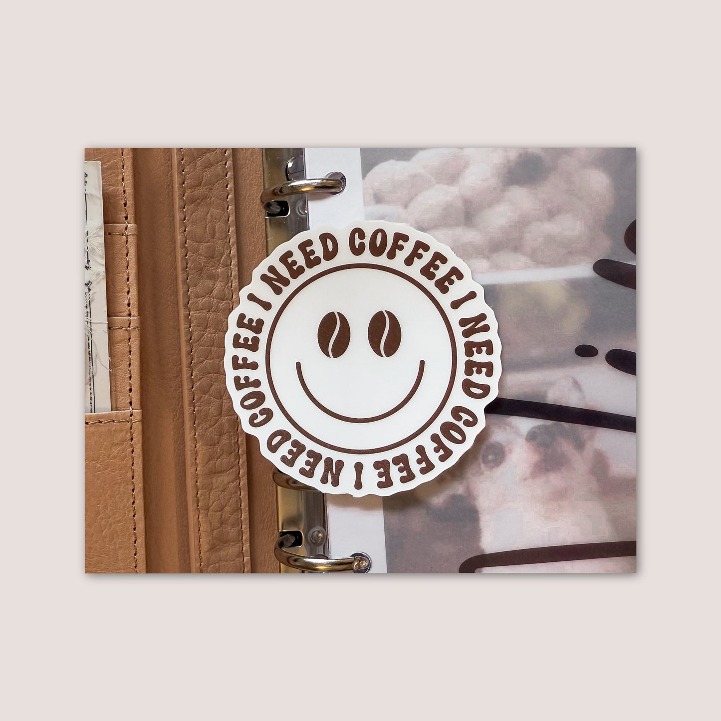 Matte vinyl die cut sticker | I need coffee | Smiley face