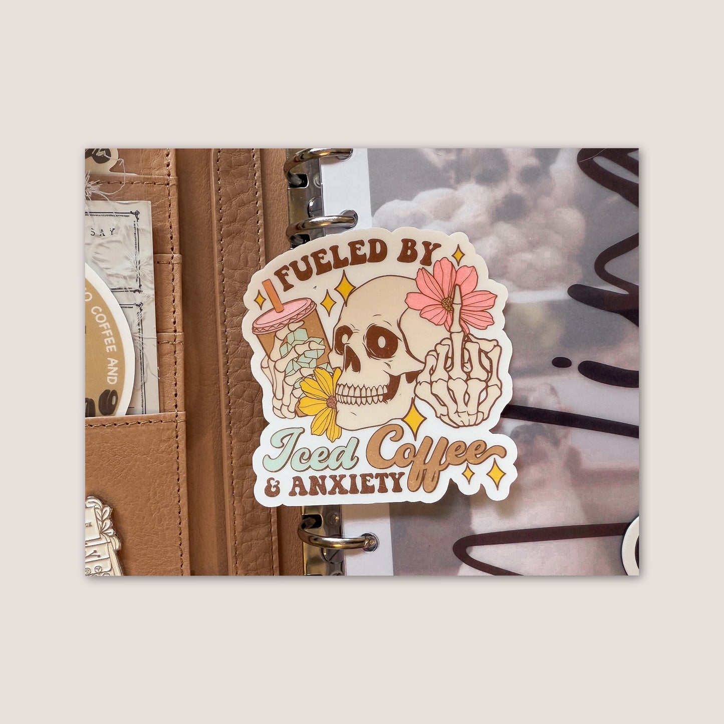 Matte vinyl die cut sticker | Fueled by Iced coffee and anxiety