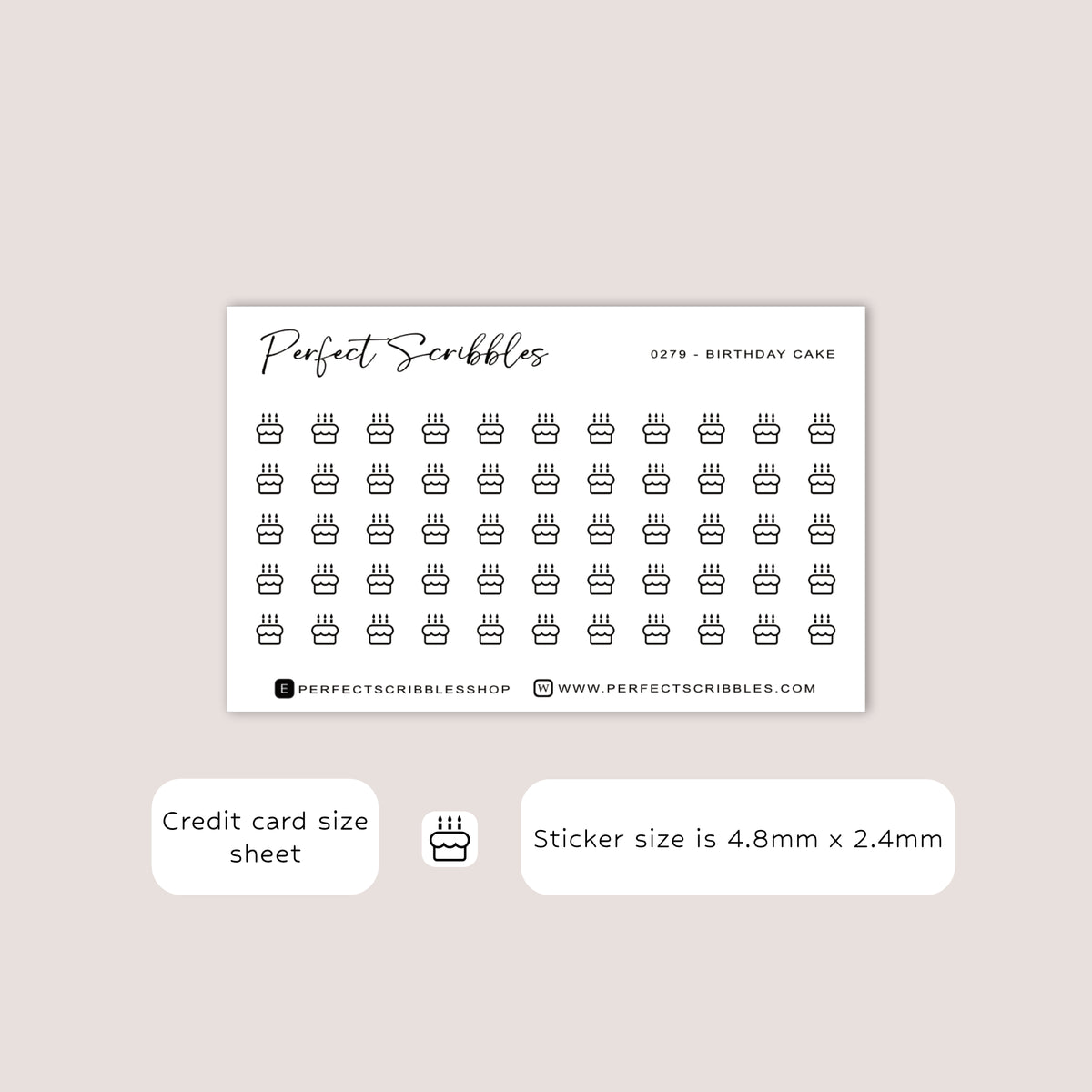 BIRTHDAY CAKE tiny icon planner stickers | Minimal | Credit card size sheet