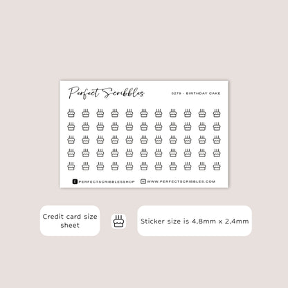 BIRTHDAY CAKE tiny icon planner stickers | Minimal | Credit card size sheet