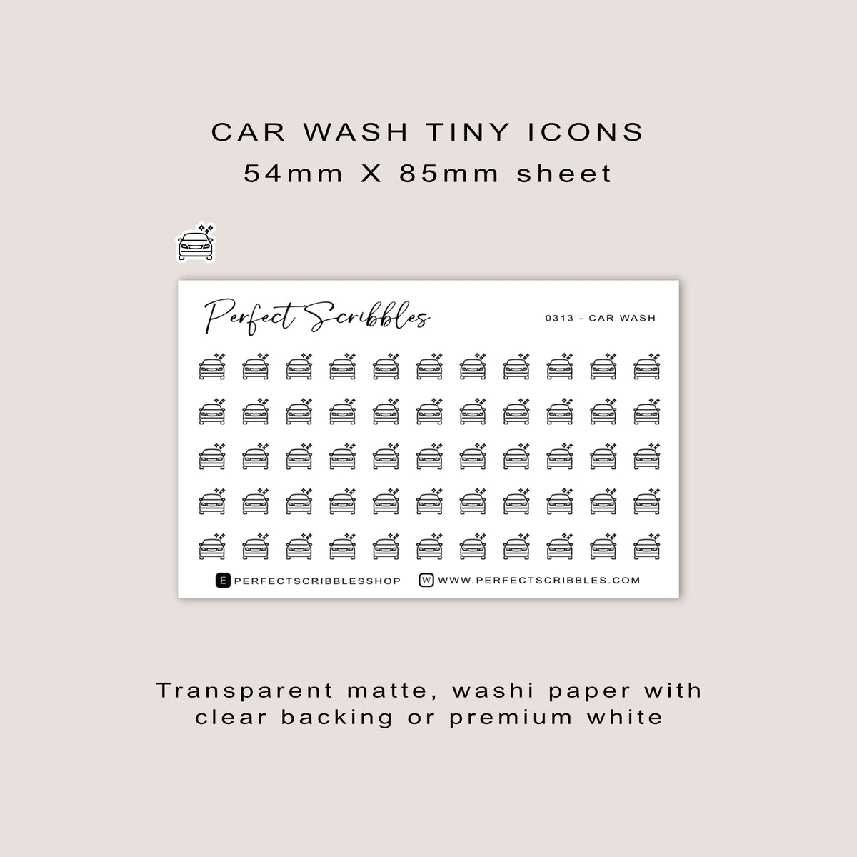 CAR WASH tiny icon planner stickers | Minimal | Credit card size sheet