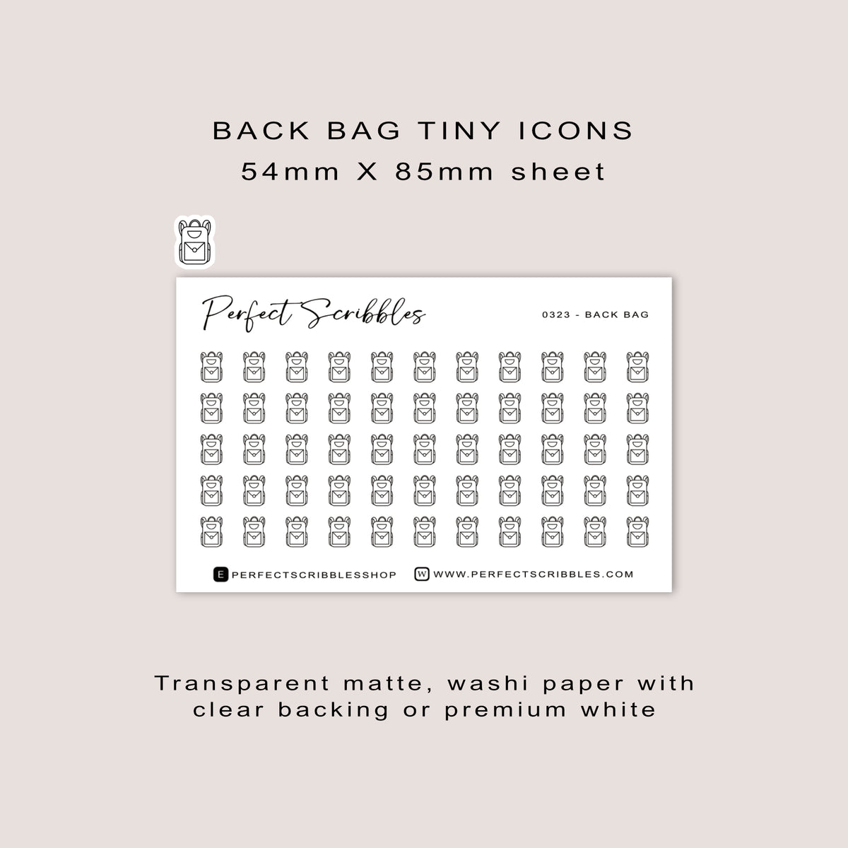 BACK BAG tiny icon planner stickers | Minimal | Credit card size sheet