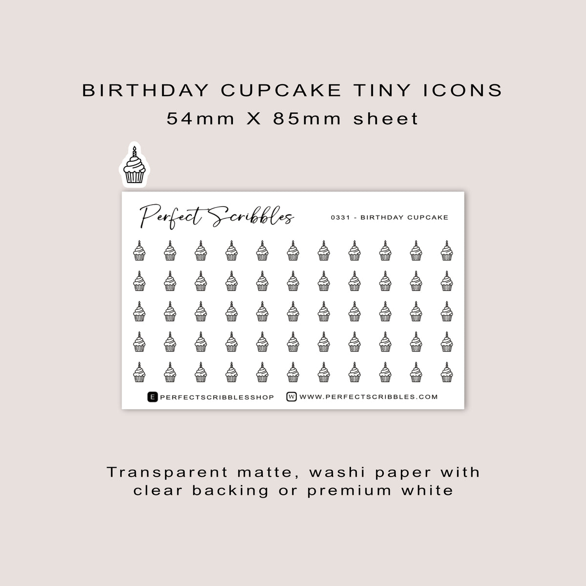 BIRTHDAY CUPCAKE tiny icon planner stickers | Minimal | Credit card size sheet