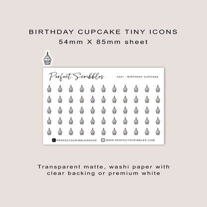 BIRTHDAY CUPCAKE tiny icon planner stickers | Minimal | Credit card size sheet