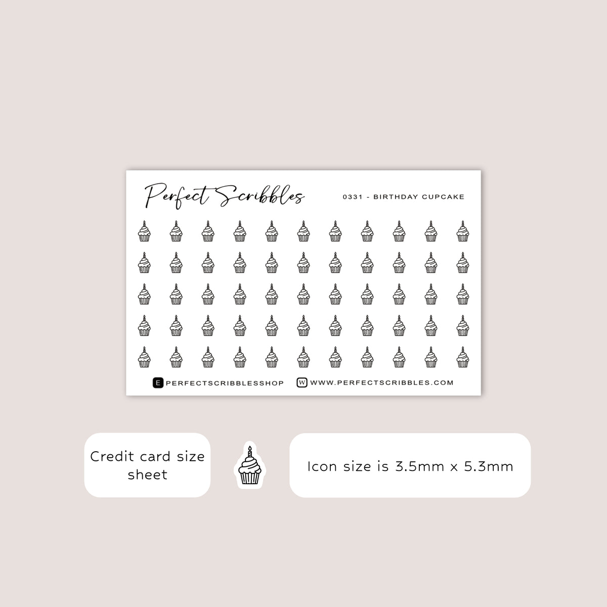 BIRTHDAY CUPCAKE tiny icon planner stickers | Minimal | Credit card size sheet