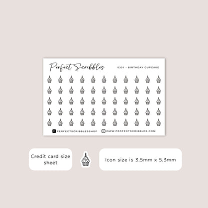 BIRTHDAY CUPCAKE tiny icon planner stickers | Minimal | Credit card size sheet