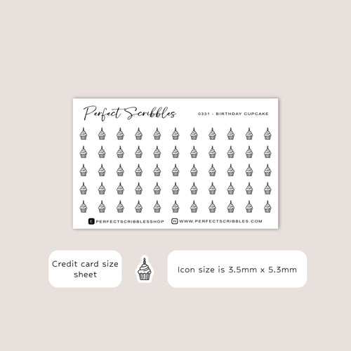 BIRTHDAY CUPCAKE tiny icon planner stickers | Minimal | Credit card size sheet