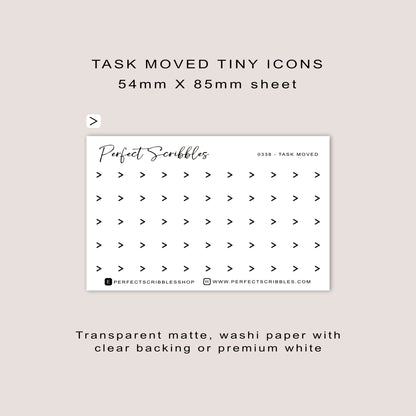 TASK MOVED tiny icon planner stickers | Minimal | Credit card size sheet