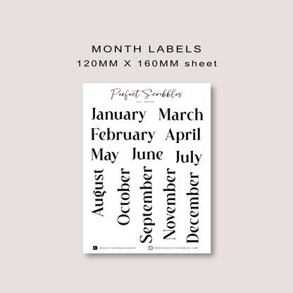 Month Label Journaling Stickers | Transparent Matte, Washi or Premium White stickers