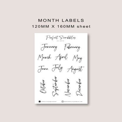 Month Label Journaling Stickers | Transparent Matte, Washi or Premium White stickers