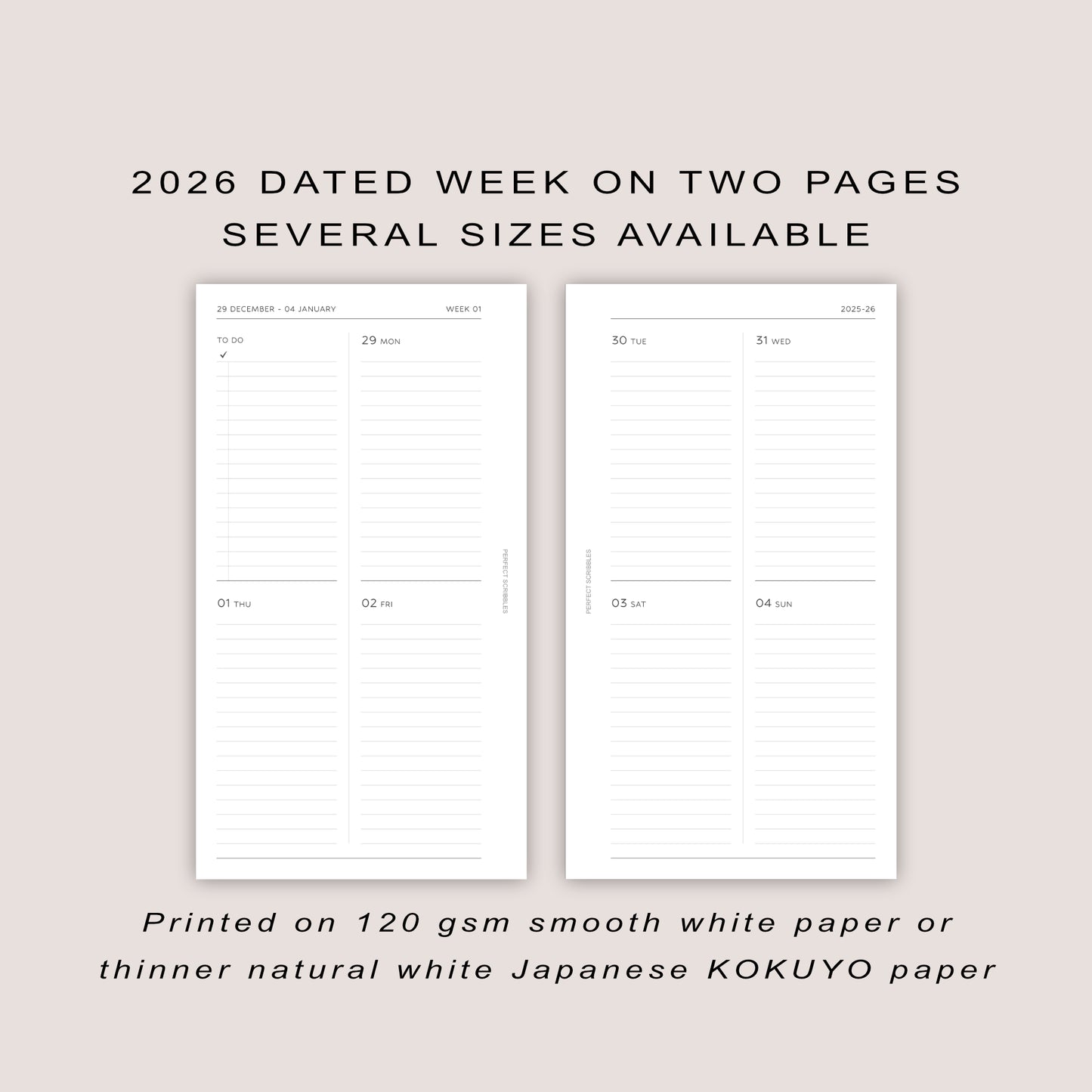 2026 DATED Minimal Weekly Planner Inserts | PRINTED