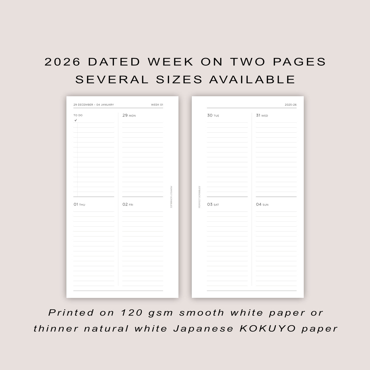 2026 DATED Minimal Weekly Planner Inserts | PRINTED