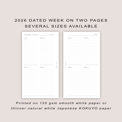 2026 DATED Minimal Weekly Planner Inserts | PRINTED