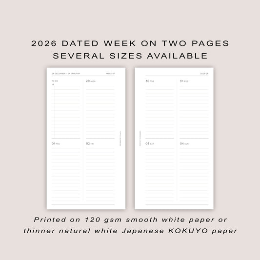 2026 DATED Minimal Weekly Planner Inserts | PRINTED