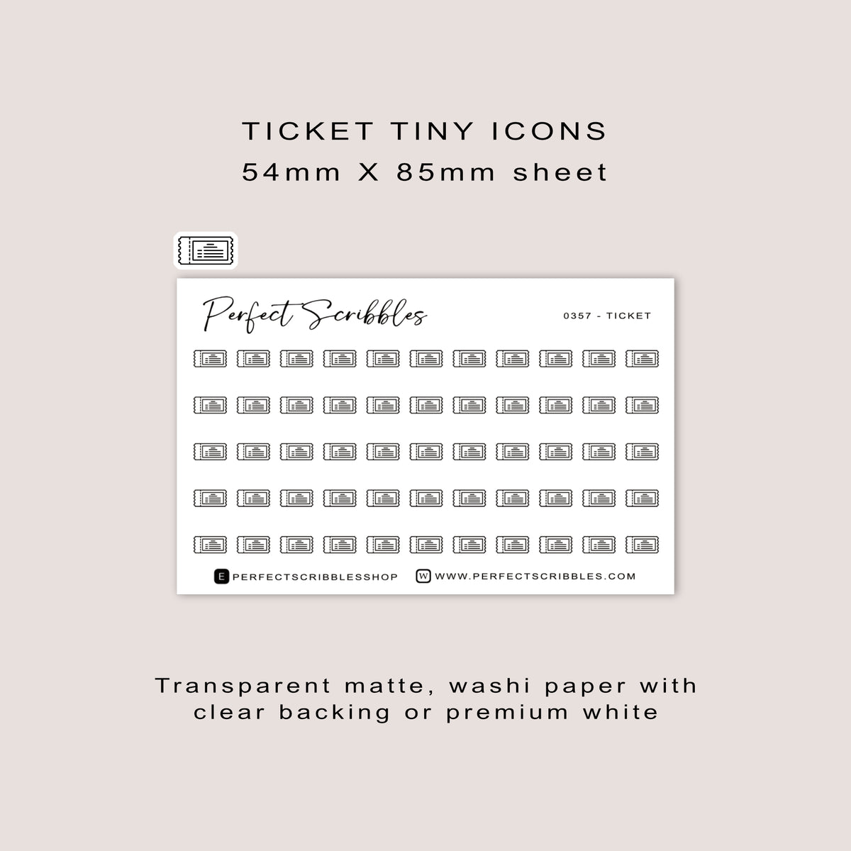 TICKET Tiny Icon Planner Stickers | Minimal | Credit card size sheet
