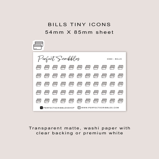BILLS Tiny Icon Planner Stickers | Minimal | Credit card size sheet