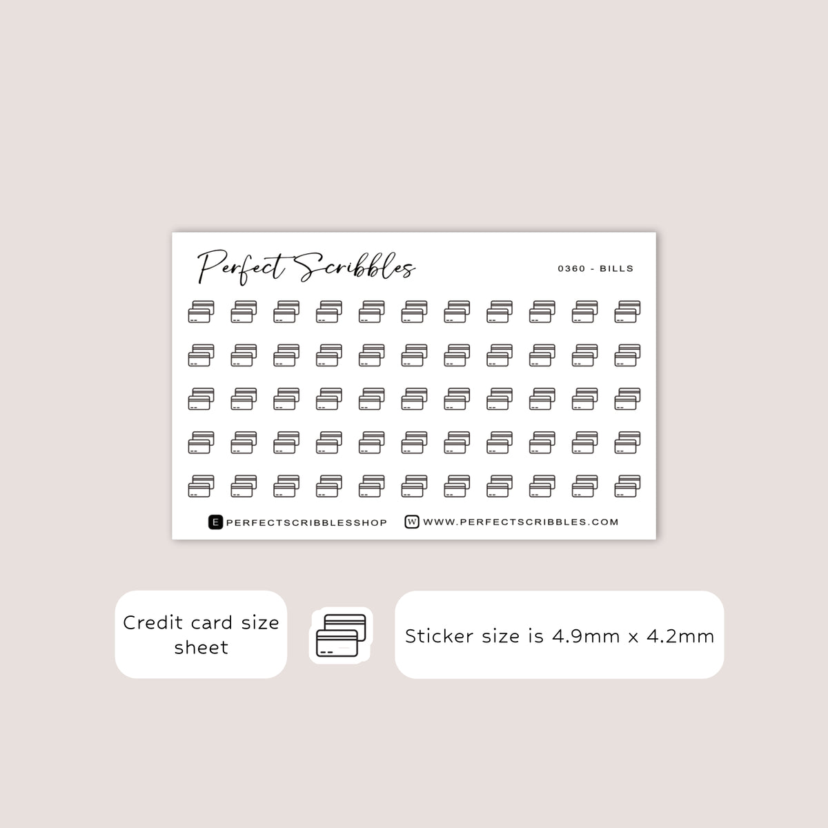 BILLS Tiny Icon Planner Stickers | Minimal | Credit card size sheet