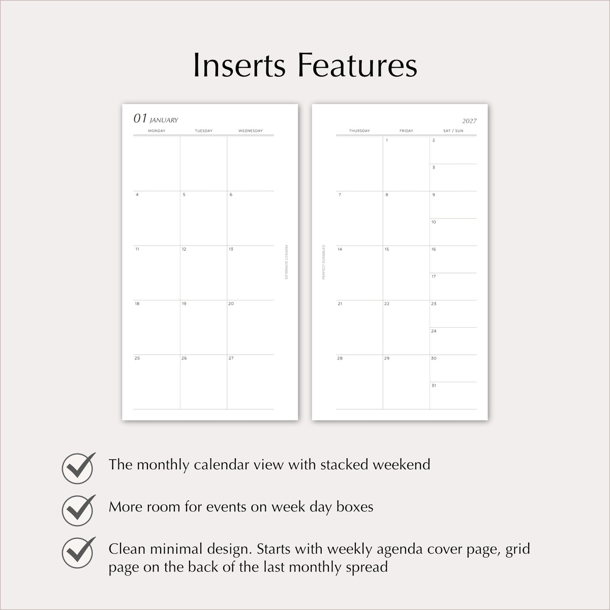 2027 Monthly Agenda Planner Inserts | Stacked Weekend | Dated Ring Planner Refill