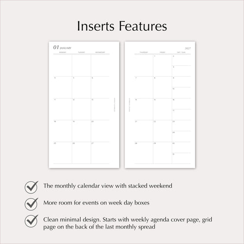 2027 Monthly Agenda Planner Inserts | Stacked Weekend | Dated Ring Planner Refill