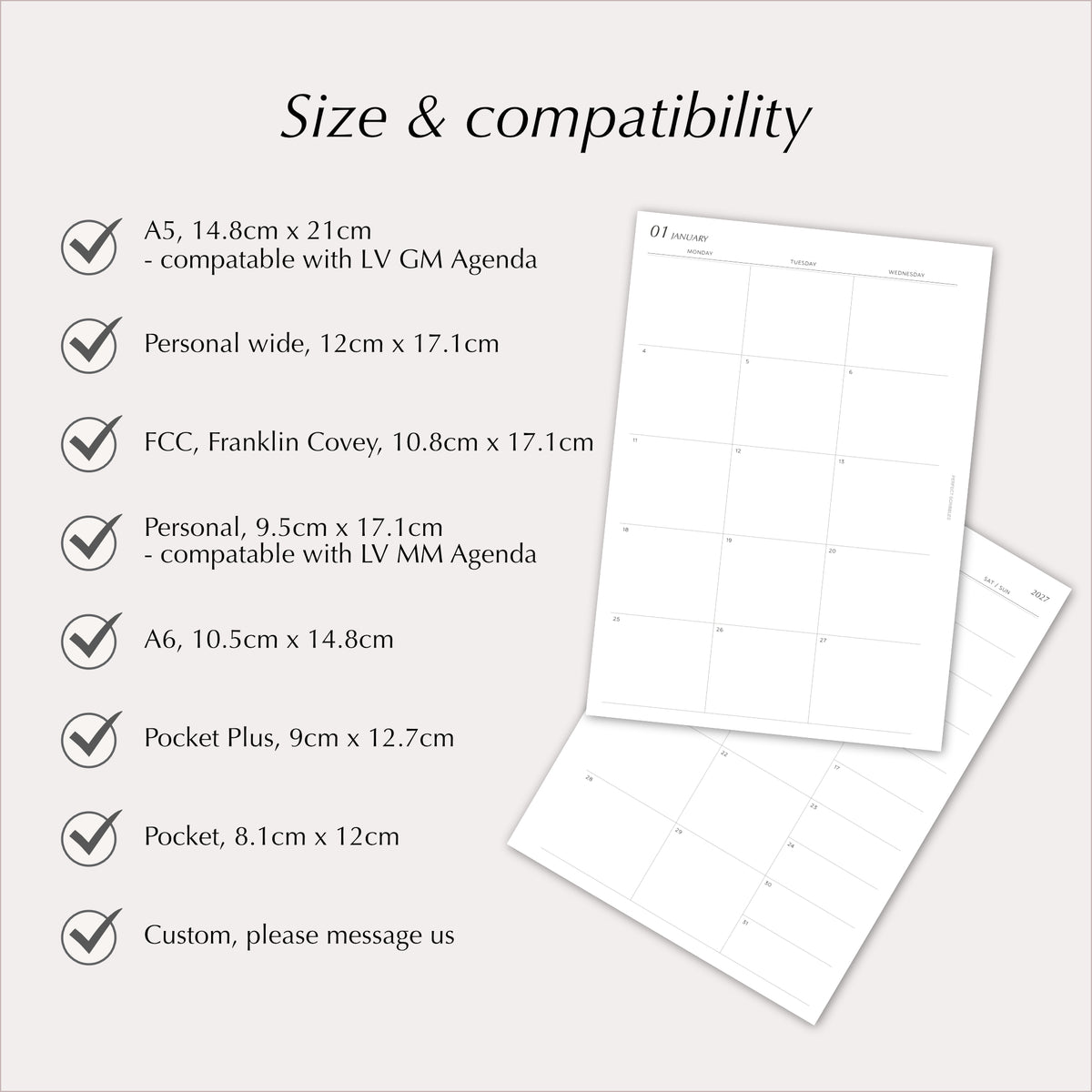 2027 Monthly Agenda Planner Inserts | Stacked Weekend | Dated Ring Planner Refill