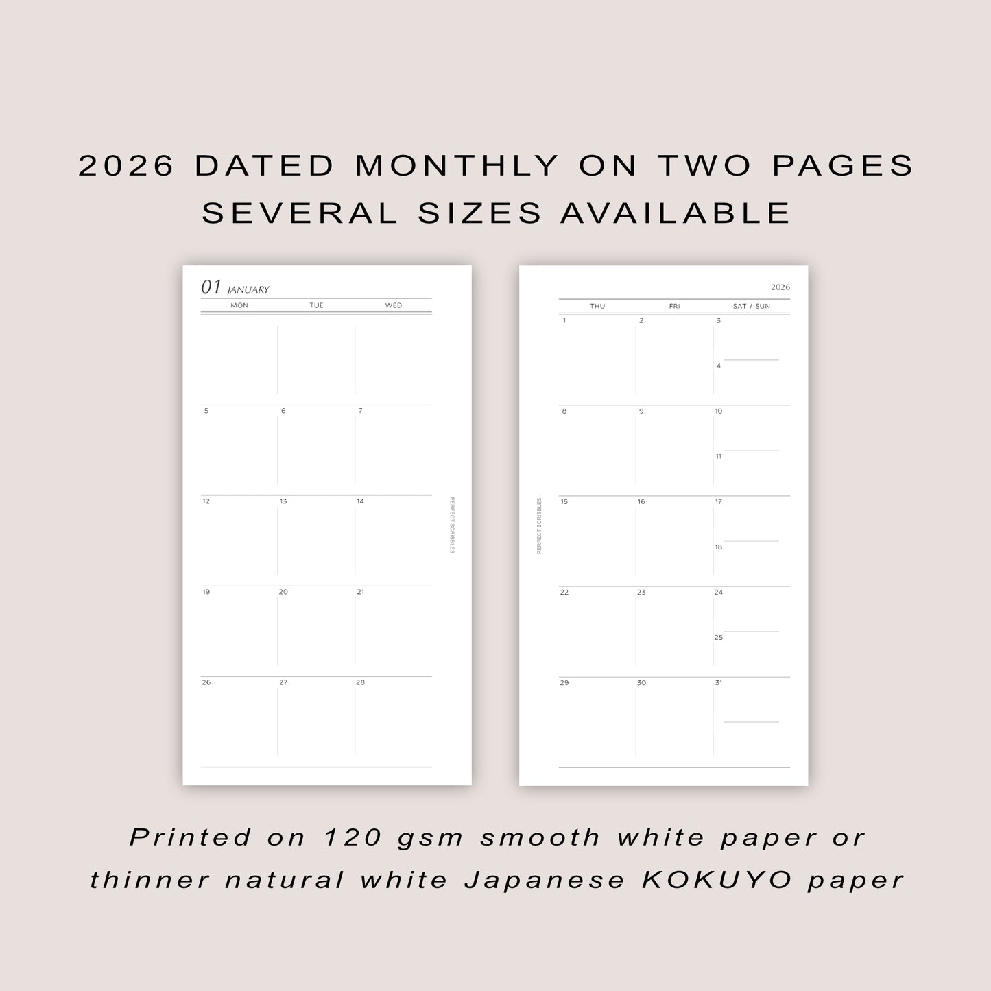 2026 DATED Monthly Planner Inserts | Stacked Weekend | PRINTED
